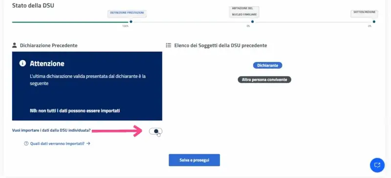 Passaggio 17 Seleziona l'interruttore per importare i dati del nucleo dalla dsu precedente.