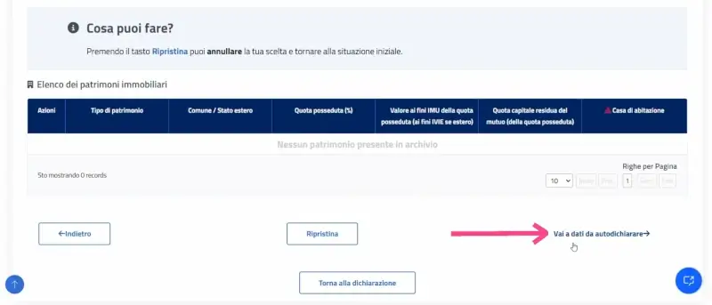 Passaggio 18 Terminati i dati precompilati, bisogna andare ai dati da auto-dichiarare per richiedere l'attestazione.