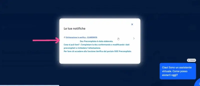 Passaggio 2 Clicca sulla notifica di dichiarazione in verifica ELABORATA per verificare i dati precompilati.