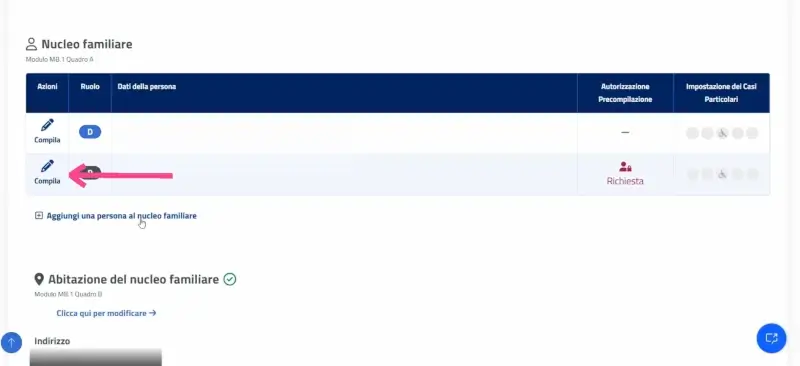 Passaggio 21 Per ogni componente del nucleo puoi cliccare su compila per modificare i dati anagrafici.