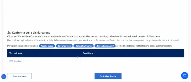 Passaggio 25 Clicca su controlla e attesta per terminare e richiedere l'ISEE precompilato 2025.