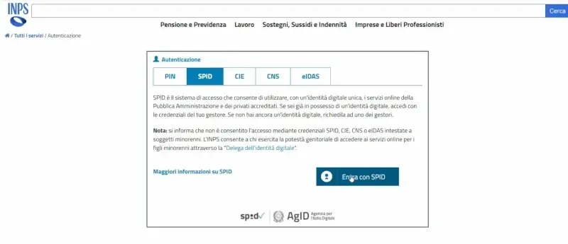 Passaggio 3 Effettua l'accesso al sito Inps con Spid, Cie o Cns.