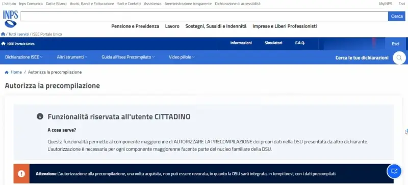 Passaggio 3 Sarai così mandato nella pagina autorizza la precompilazione.