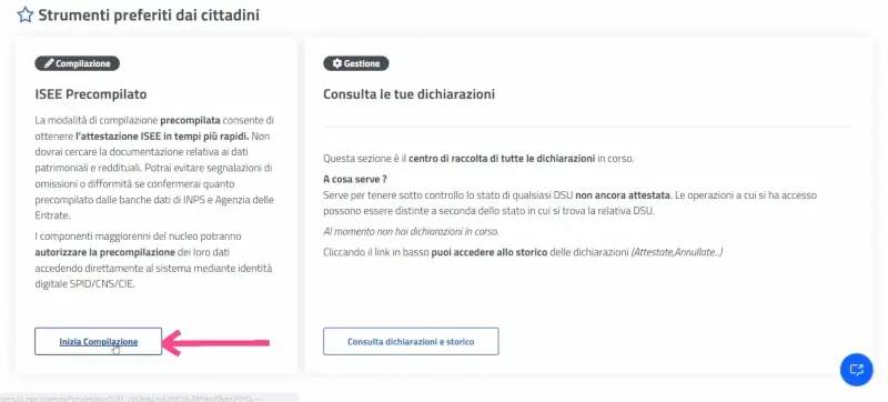 Passaggio 7 Nella sezione ISEE precompilato, clicca su Inizia compilazione.