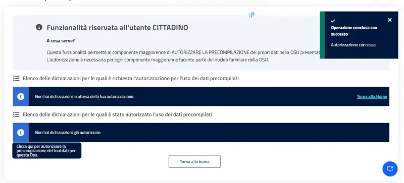 Passaggio 6 Ed ecco autorizzata la precompilazione dell'ISEE dal soggetto maggiorenne.