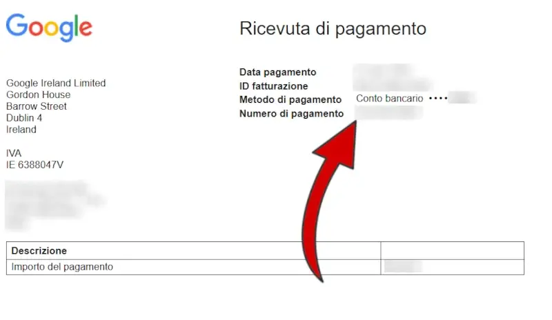 Tra i dati richiesti c'è il numero di pagamento e l'immagine mostra dove reperirlo sulla ricevuta.