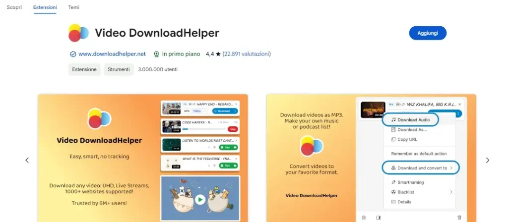 Pagina dell'estensione per scaricare video da YouTube, video Downloadhelper