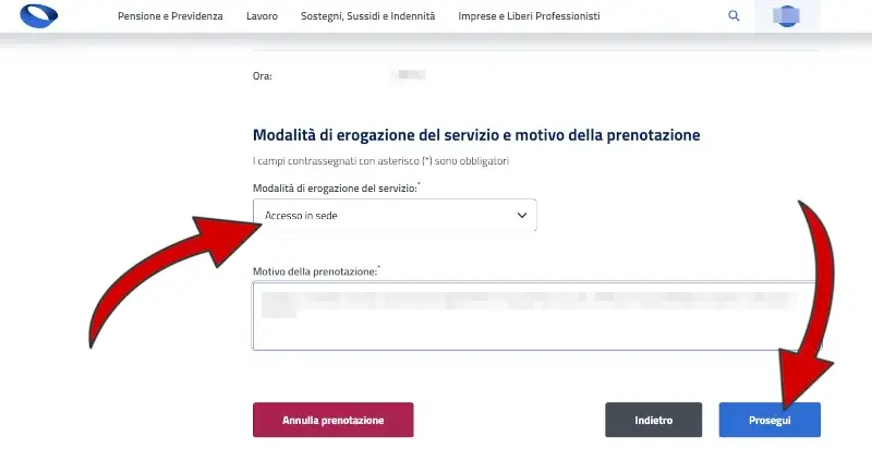 Passaggio 6 Nella nuova pagina, scegli dal primo menù se vuoi andare in sede o essere ricontattato. Inserisci il motivo, e poi clicca su prosegui.